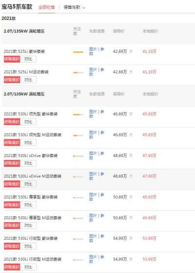 宝马5系价格多少钱一辆 最高报价1.5万起落地价最低仅为41.19万 