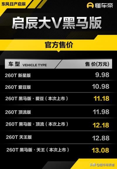 东风日产全部车型及价格（东风日产启辰大v黑马版上市）